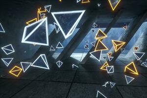 3d rendering, glowing magic triangles in abandoned room, dark background photo