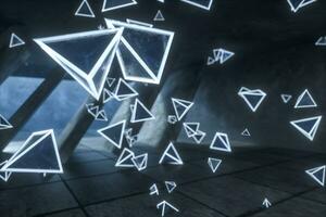 3d rendering, glowing magic triangles in abandoned room, dark background photo