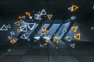 3d rendering, glowing magic triangles in abandoned room, dark background photo