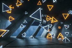 3d rendering, glowing magic triangles in abandoned room, dark background photo