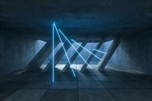 3d rendering, glowing magic lines in abandoned room, dark background photo