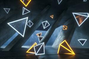 3d rendering, glowing magic triangles in abandoned room, dark background photo