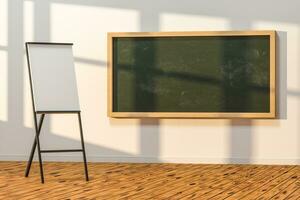 A classroom with a blackboard in the front of the room, 3d rendering. photo