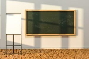 A classroom with a blackboard in the front of the room, 3d rendering. photo