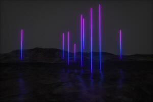 colorful glowing lines with dark mountain background, 3d rendering photo