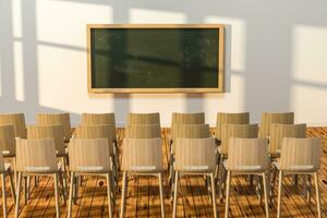 A classroom with chairs inside and a blackboard in the front of the room, 3d rendering. photo