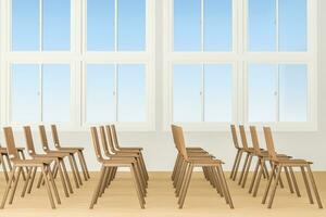 A classroom with chairs inside, 3d rendering. photo