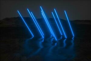 colorful glowing lines with dark mountain background, 3d rendering photo