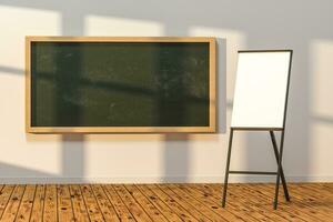 A classroom with a blackboard in the front of the room, 3d rendering. photo