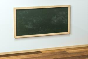 A classroom with a blackboard in the front of the room, 3d rendering. photo