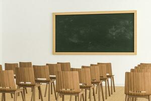 un salón de clases con sillas dentro y un pizarra en el frente de el habitación, 3d representación. foto