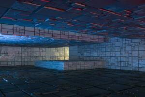 Dark ruins with circuit texture wall, sci-fi architecture background, 3d rendering. photo