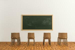 A classroom with chairs inside and a blackboard in the front of the room, 3d rendering. photo