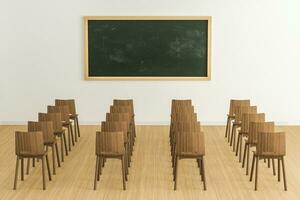 A classroom with chairs inside and a blackboard in the front of the room, 3d rendering. photo