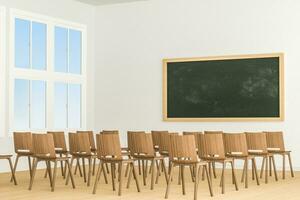 A classroom with chairs inside and a blackboard in the front of the room, 3d rendering. photo