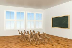 A classroom with chairs inside and a blackboard in the front of the room, 3d rendering. photo