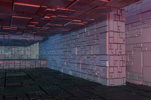 Dark ruins with circuit texture wall, sci-fi architecture background, 3d rendering. photo