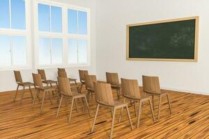 A classroom with chairs inside and a blackboard in the front of the room, 3d rendering. photo