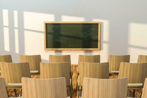 A classroom with chairs inside and a blackboard in the front of the room, 3d rendering. photo