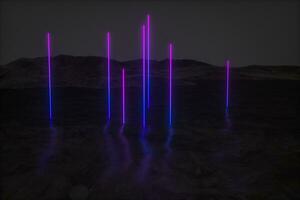 colorful glowing lines with dark mountain background, 3d rendering photo