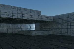 Dark ruins with circuit texture wall, sci-fi architecture background, 3d rendering. photo