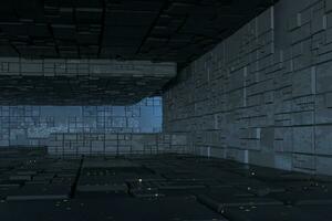 oscuro restos con circuito textura muro, ciencia ficción arquitectura fondo, 3d representación. foto