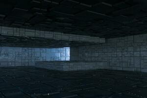 Dark ruins with circuit texture wall, sci-fi architecture background, 3d rendering. photo