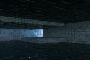 Dark ruins with circuit texture wall, sci-fi architecture background, 3d rendering. photo