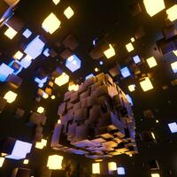 Dark cubes randomly distributed in the air, 3d rendering. photo