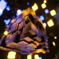 Dark cubes randomly distributed in the air, 3d rendering. photo