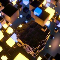 Dark cubes randomly distributed in the air, 3d rendering. photo