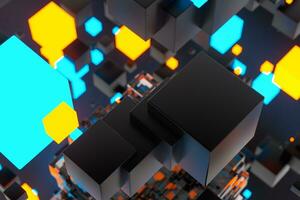 Dark cubes randomly distributed in the air, 3d rendering. photo