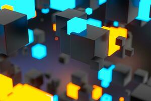 Dark cubes randomly distributed in the air, 3d rendering. photo