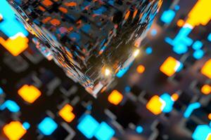 Dark cubes randomly distributed in the air, 3d rendering. photo