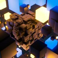 Dark cubes randomly distributed in the air, 3d rendering. photo