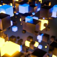 Dark cubes randomly distributed in the air, 3d rendering. photo