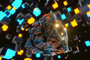 Dark cubes randomly distributed in the air, 3d rendering. photo