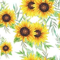 Elegant floral Seamless pattern with watercolor sunflowers and greenery vector