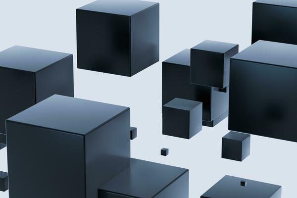 Dark cubes randomly distributed in the air, 3d rendering.
