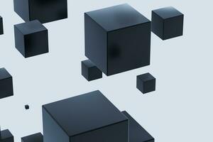 Dark cubes randomly distributed in the air, 3d rendering. photo