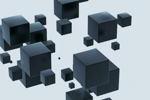 Dark cubes randomly distributed in the air, 3d rendering. photo