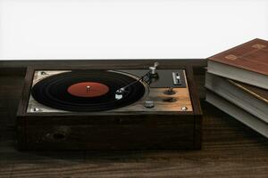 The old wooden vinyl record player on the table, 3d rendering. photo