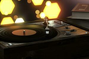 The old wooden vinyl record player on the table, 3d rendering. photo