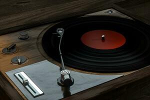 The old wooden vinyl record player on the table, 3d rendering. photo