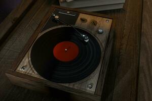 The old wooden vinyl record player on the table, 3d rendering. photo