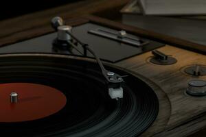 The old wooden vinyl record player on the table, 3d rendering. photo