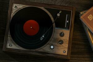 The old wooden vinyl record player on the table, 3d rendering. photo