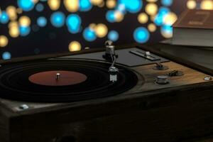 The old wooden vinyl record player on the table, 3d rendering. photo