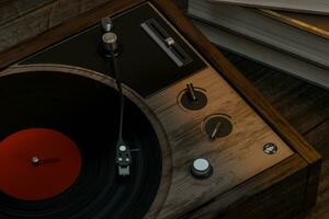 The old wooden vinyl record player on the table, 3d rendering. photo