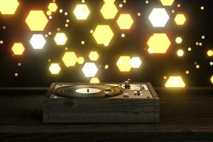 The old wooden vinyl record player on the table, 3d rendering. photo